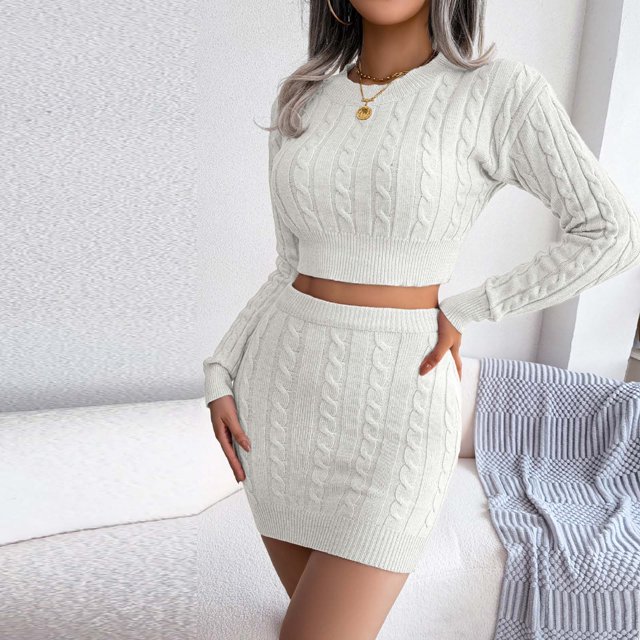 Puntoco Conjunto de suéter corto sexy con cuello redondo para mujer e invierno, falda a la cadera, conjunto de punto, liquidación Puntoco Puntoco-5157