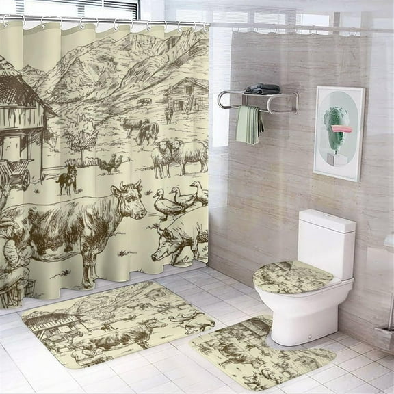 Farmhouse Vintage Farm 4 Pcs Shower Curtain set Bathroom Set Western Cowboy View Design Shower Mat Shower Curtain with Rug 12 Hooks,72" W x 72" L