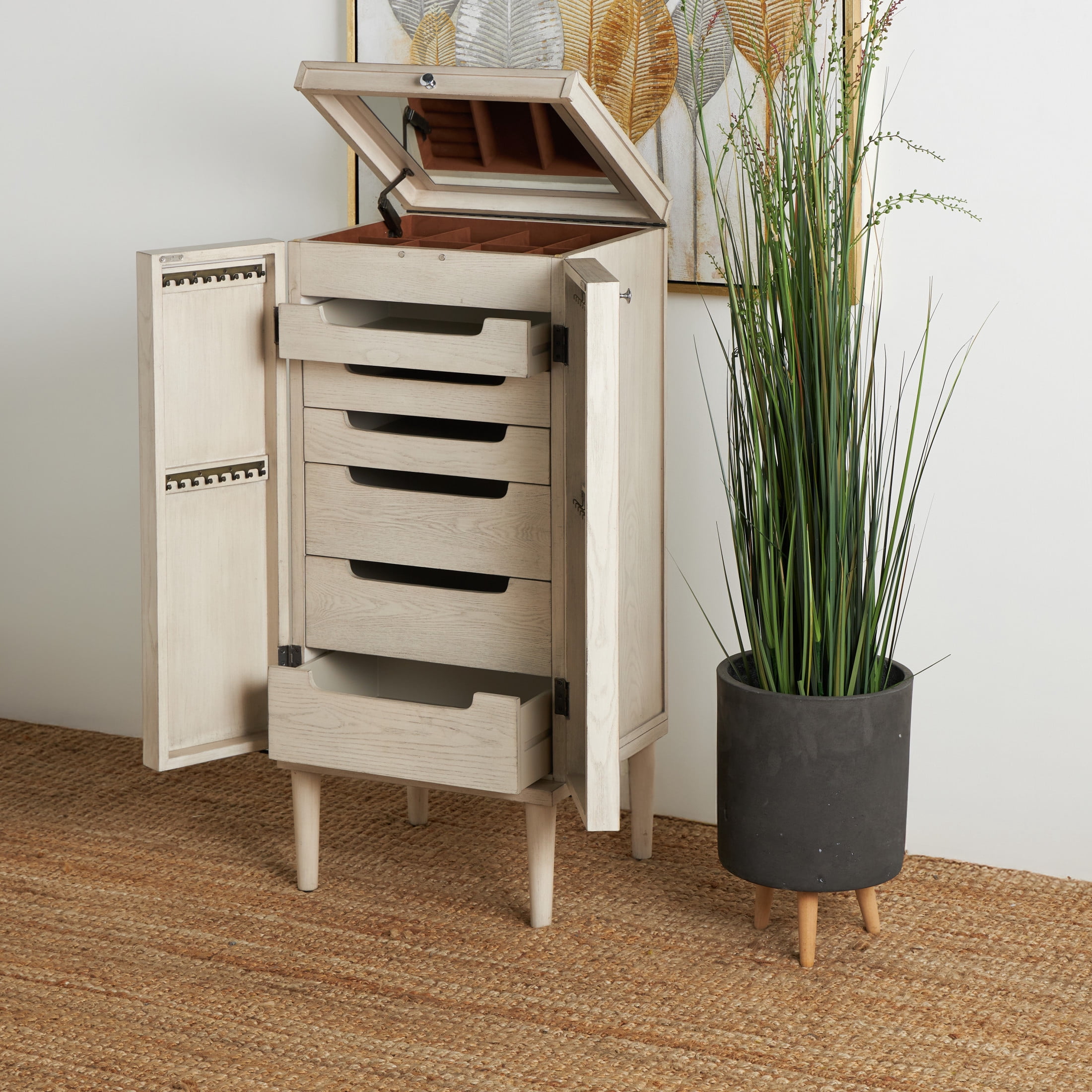 DecMode 20" x 47" Light Gray Wooden Oval Rattan Jewelry 2 Door, 6 Drawer, and 32 Hook Geometric Cabinet with Mirrored Lift Top, 1-Piece