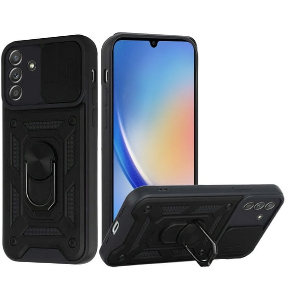 Designed for Samsung Galaxy A15 5G Hybrid Cases with Slide Camera Lens Cover and Ring Holder Kickstand Rugged Dual Layers Phone Case Cover [Black]