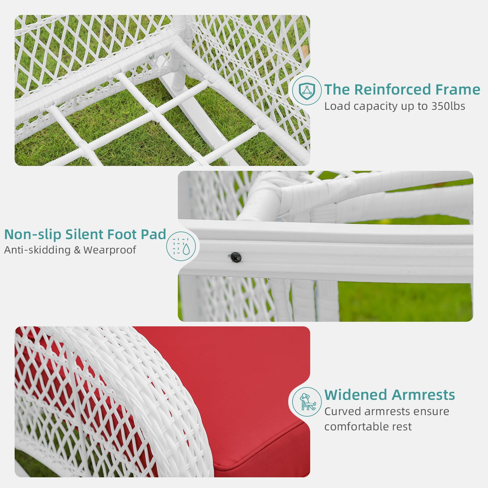 MEETWARM 3 Pieces Patio Conversation Set, Rattan Outdoor Rocking Patio Bistro Set with 2 Rockers and 1 Side Table with 4" Thick Cushions, Outdoor Furniture Set for Porch Backyard, White Wicker/Red