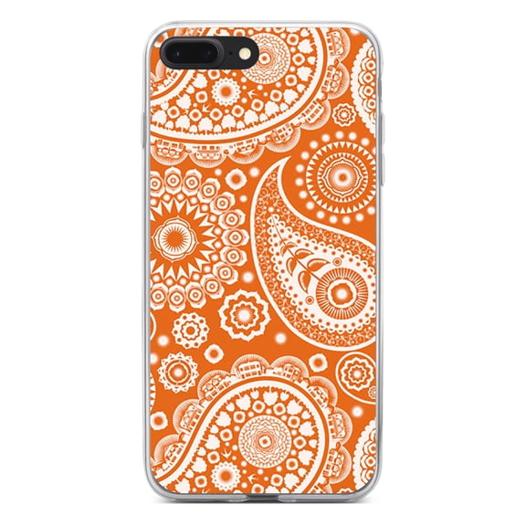 DistinctInk Clear Shockproof Hybrid Case for iPhone 7 PLUS / 8 PLUS (5.5" Screen) - TPU Bumper, Acrylic Back, Tempered Glass Screen Protector - Orange White Paisley