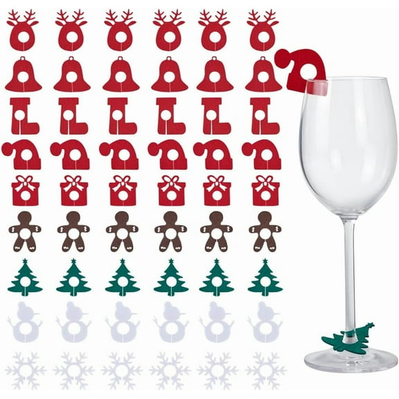 54Pcs 9 Styles Christmas Drink Tags Felt Wine Glass Markers Red Green Xmas Tree Socks Snowman Identifiers Tag Marker Bulk