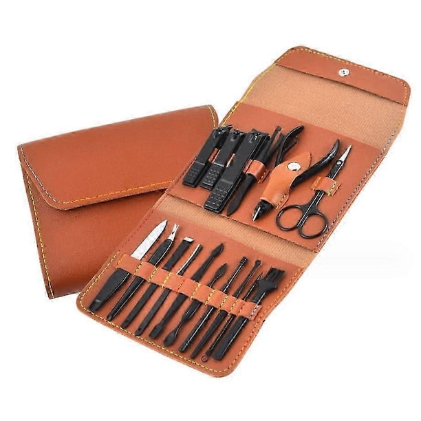 Kit de manicura con cortaúñas - 16 piezas de herramientas de acero inoxidable para el cuidado de las uñas, kit de aseo portátil con estuche de viaje de cuero (marrón)