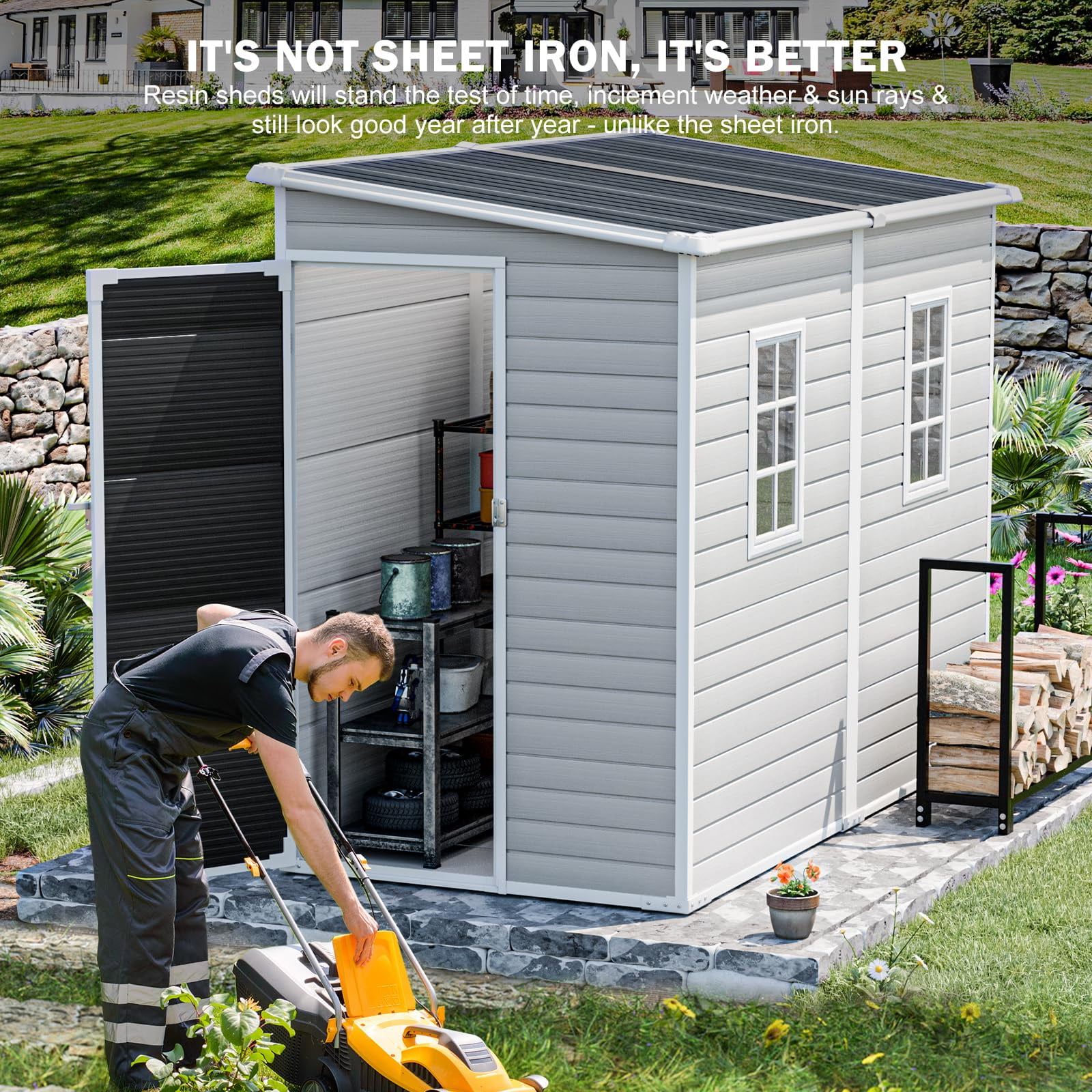 JULY'S SONG 8x4 Outdoor Storage Shed with Floor, Heavy Duty Resin Sheds with Openable Windows & Lockable Doors, Plastic Storage Cabinets for Outside, Grey