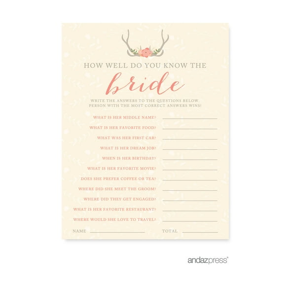 How Well Do You Know The Bride? Woodland Deer Wedding Bridal Shower Game Cards, 20-Pack