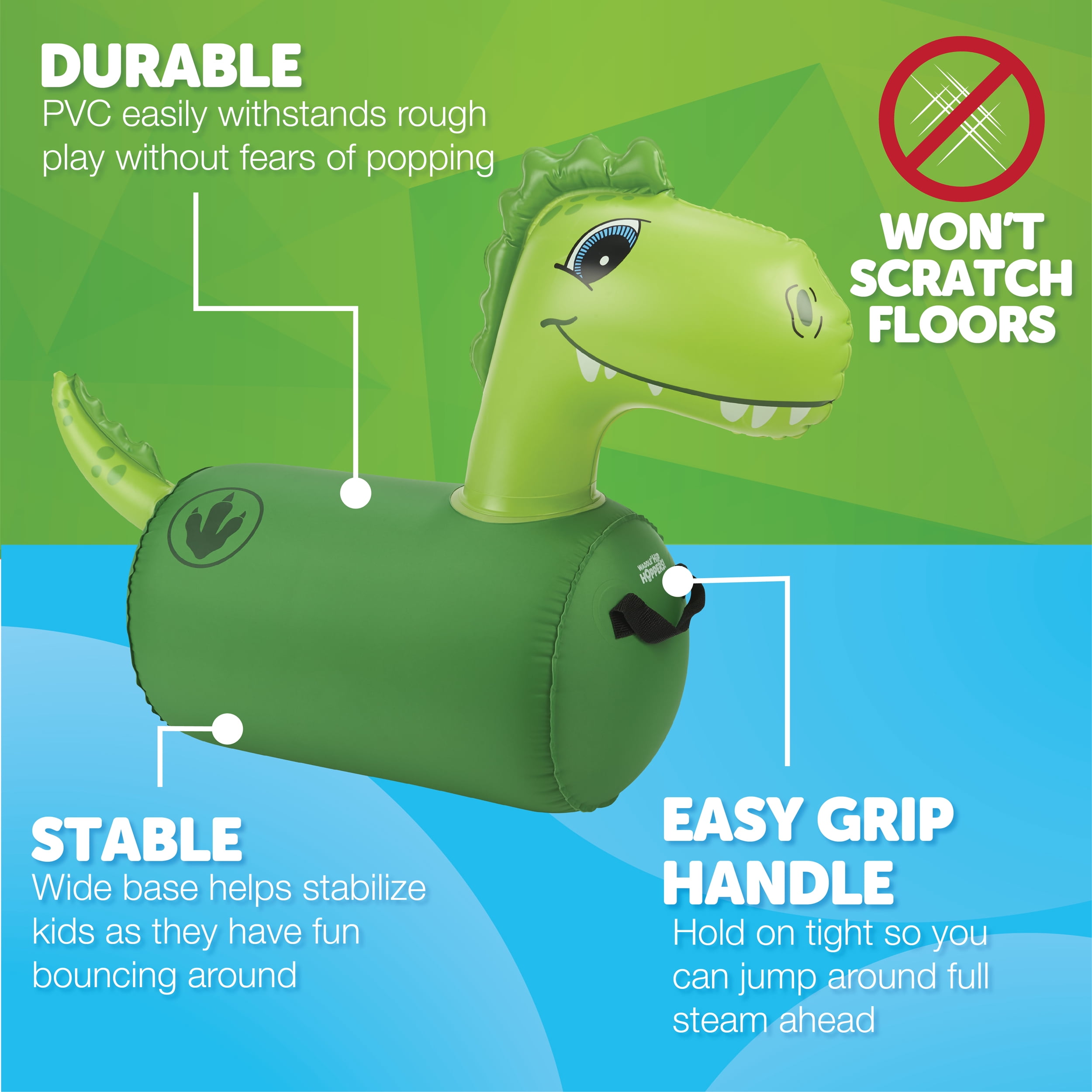 Waddle Green Dino Hip Hopper Inflatable Hopping Animal Bouncer, 85 lbs,  Ages 2+