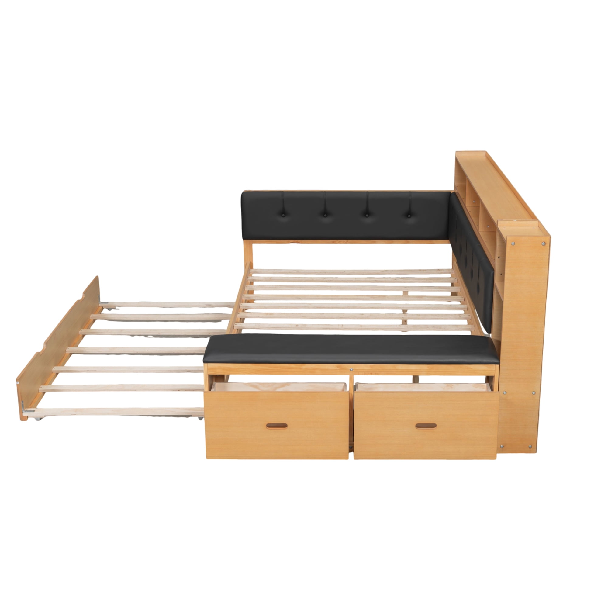 Euroco Wood Full Size Daybed with Trundle and Drawers, Storage Bed with Upholstery  Bench and Headboard, Charging Station and Shelves, Natural