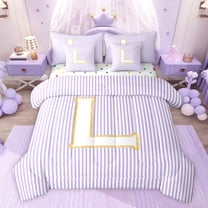 Feelyou Chic Purple Stripes Bedding Comforter Set 7pcs for Child, Dreamy Initial L Letter Queen Bedding Sets, Kawaii Cartoon Theme Reversible Queen Sheet Sets, Ultra Soft Bedroom Decor