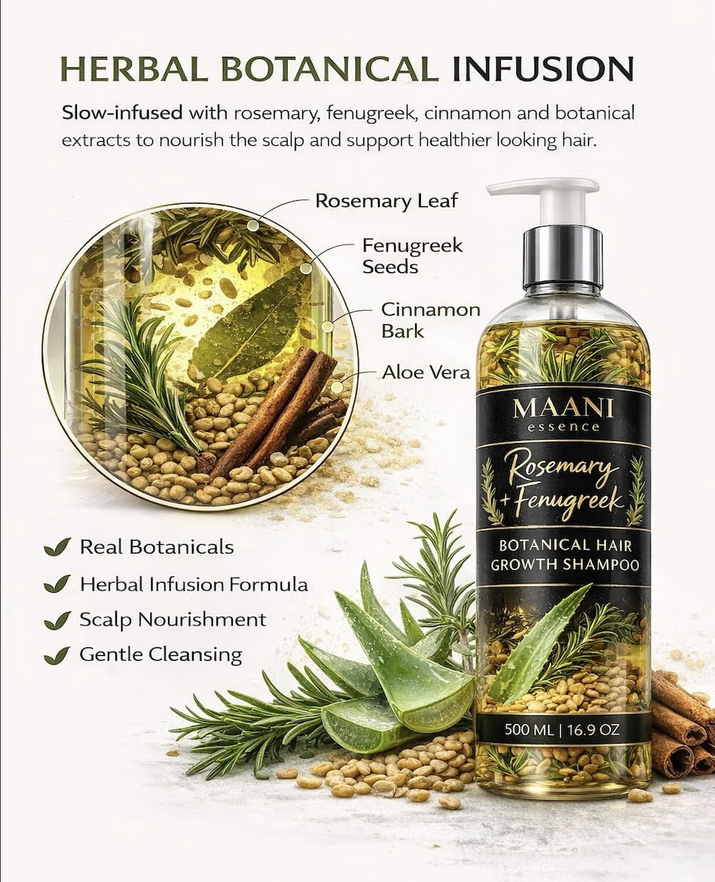 500ML Rosemary + Fenugreek Botanical Hair Growth Shampoo With Real Visible Pieces of Rosemary, Fenugreek & Cinnamon