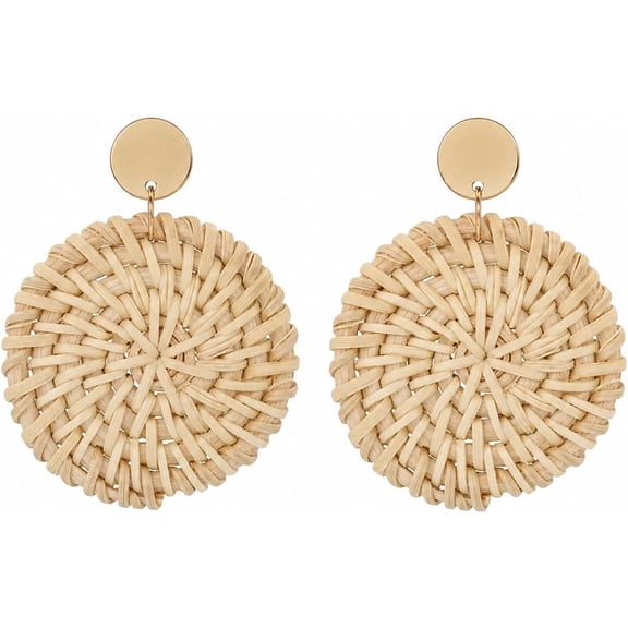 DESIGNICE Handmade Raffia Rattan Bohemian Dangle Earrings for Women, Woven Rattan Round Drop Dangle Earrings Beach Jewelry