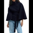 thumbnail image 2 of Ponchos con Mangas de Murciélago para Mujer, Abrigo de Lana con Cuello Alto y Cinturón, Chaqueta Corta de Invierno Marina L, 2 of 7