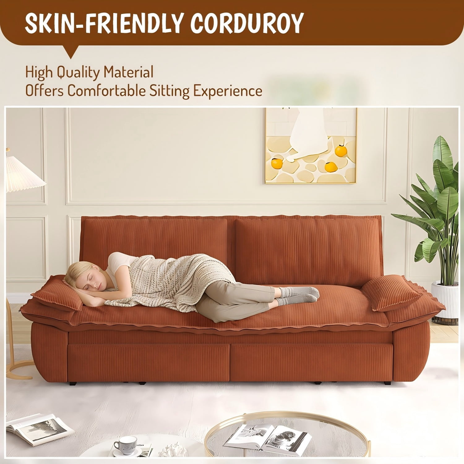 MOONMISS 73.2" Queen Pull Out Sofa Bed,3-in-1 Convertible Sleeper Sofa,Multi-Functional Corduroy Couch Bed,Orange