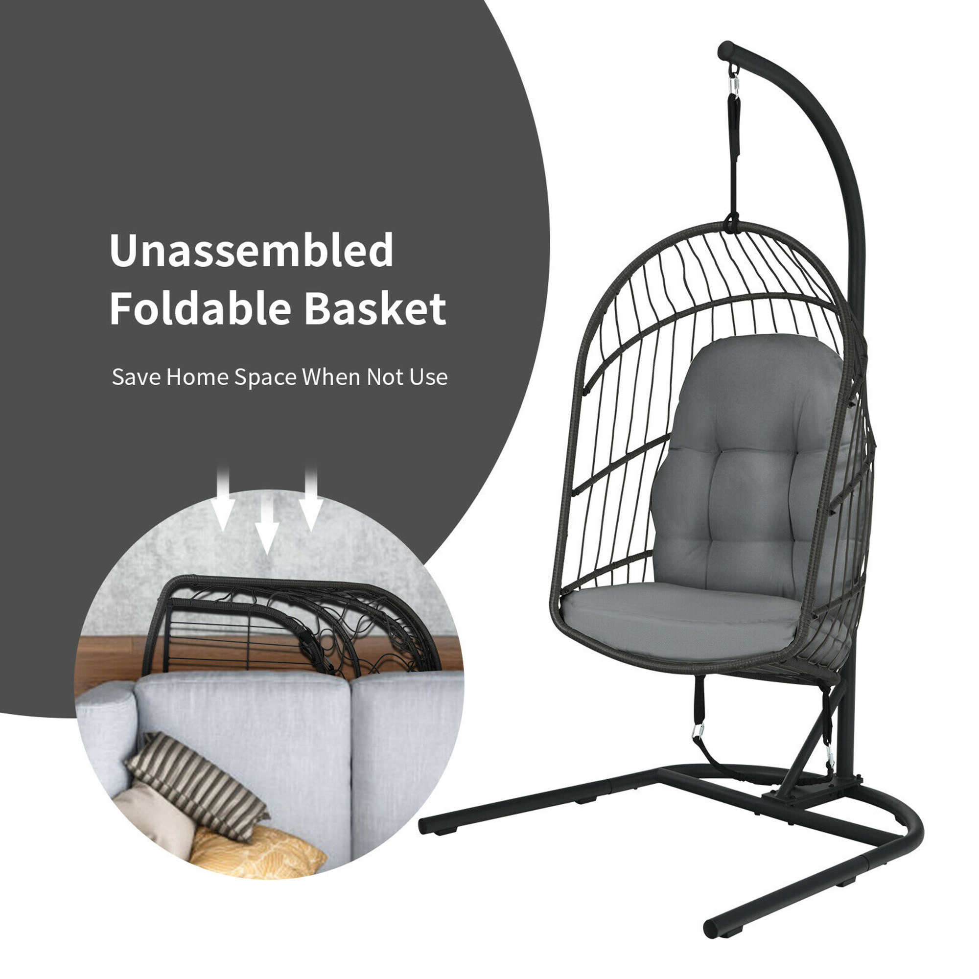 Gymax Hanging Hammock Patio Rattan Swing Egg Chair w/ Stand & Gray Cushions