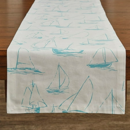 

1 PC-54 x 13 Sky Blue Sailboat On White Table Runner