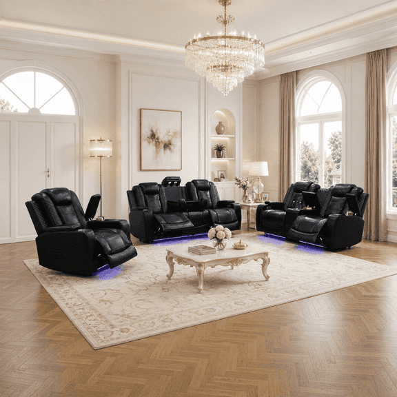 Saxum Tegmen 3-Piece Power Reclining Sofa Set, Air Leather Recliner Couch Set with LED Lights, USB Ports, Wireless Charging,Home Theater Seating for Living Room(Black, Sofa Loveseat Chair)
