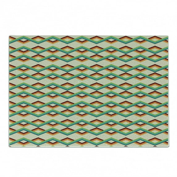 Abstract Cutting Board, Illustration of Colorful Stripes with Geometric Shapes Retro Design, Decorative Tempered Glass Cutting and Serving Board, in 3 Sizes, by Ambesonne