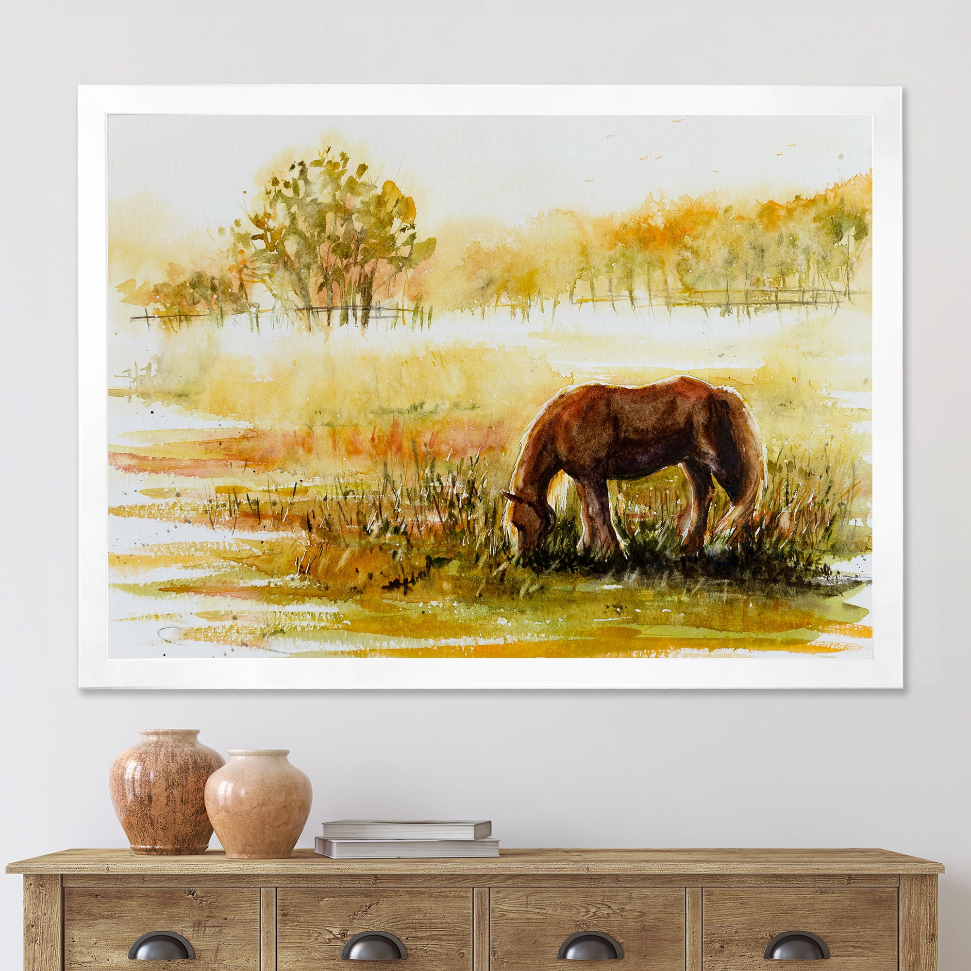 Designart 'Horse Eating Grass On A Meadow' Farmhouse Framed Art Print