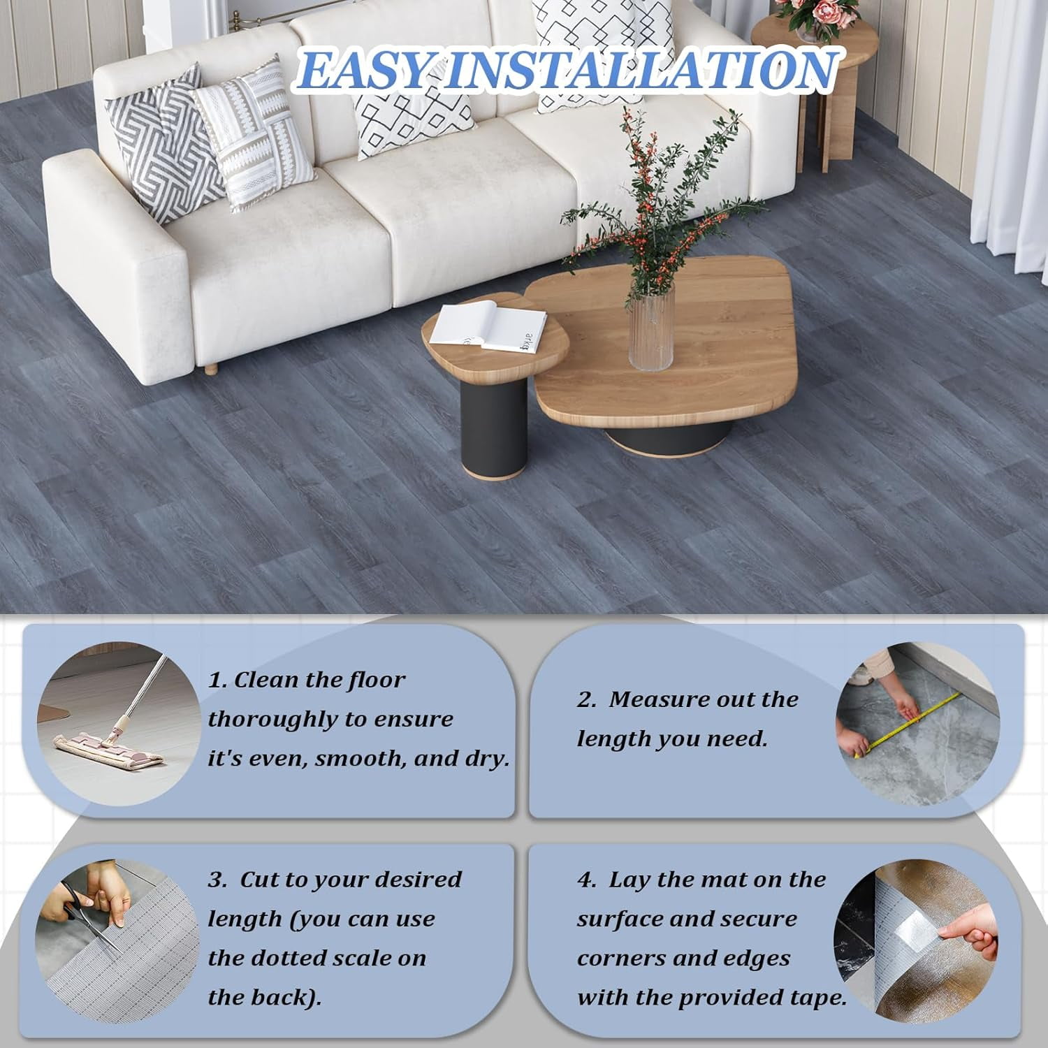 Oxdigi Vinyl Flooring Roll 39.3x196 inches, PVC Leather-Like Linoleum Floor Covering with Tape, Removable- No Adhesive Backing Gray Wood