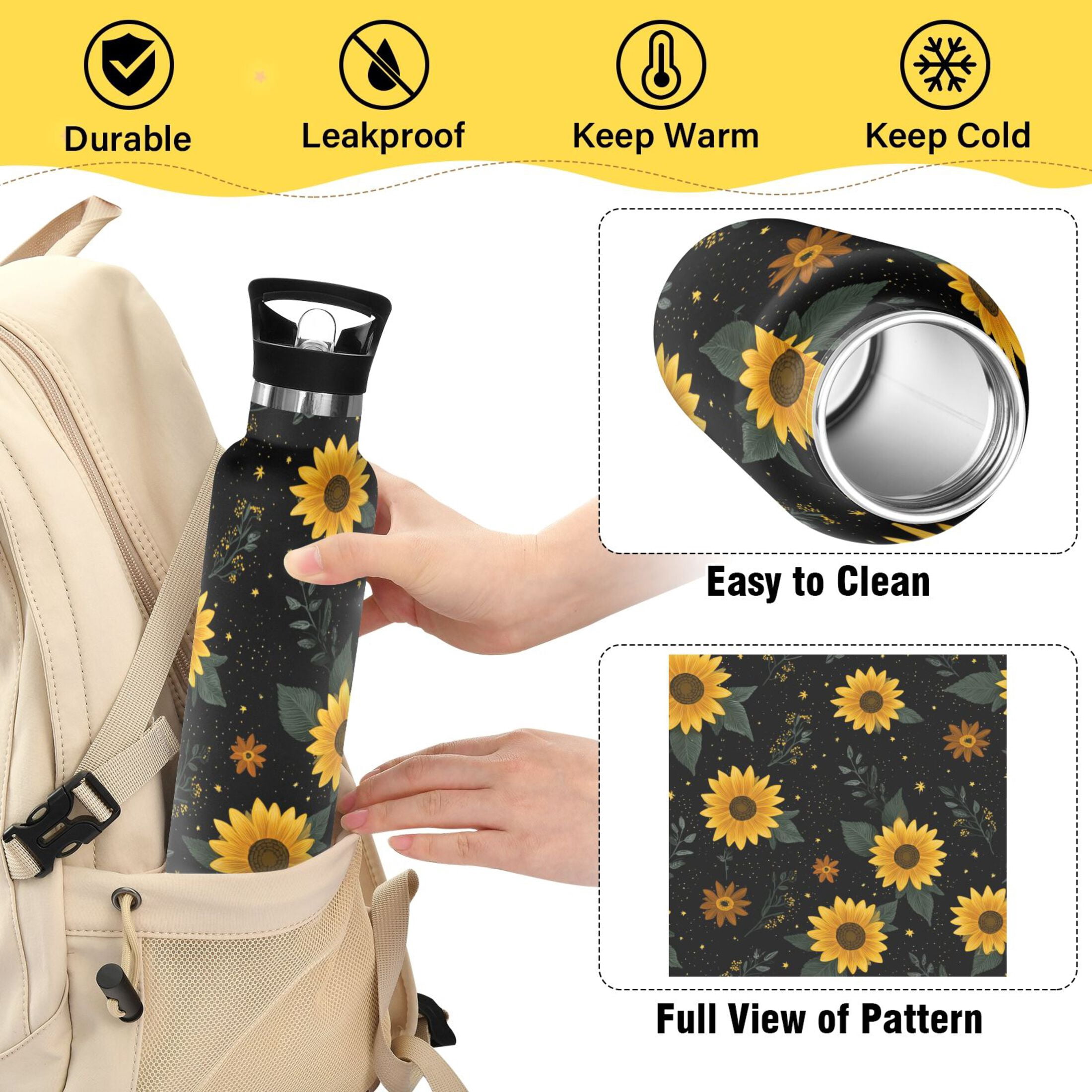 Kids Insulated Stainless Steel Sports Water Bottle 600ml (20oz) Yellow Sunflower Pattern