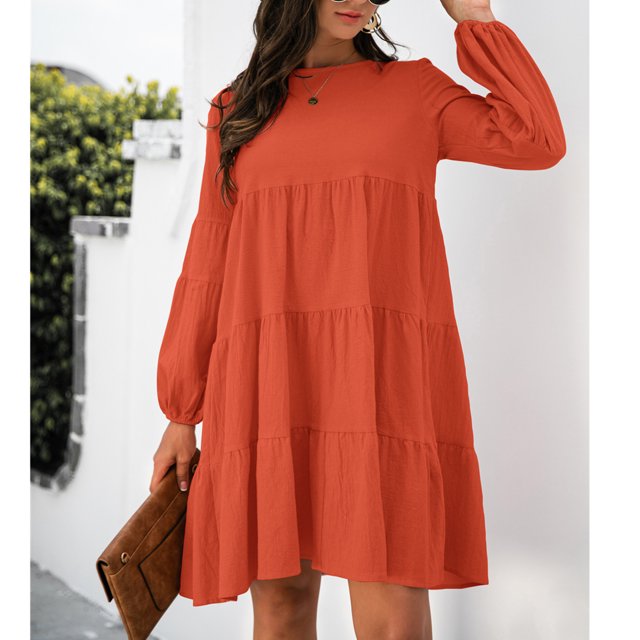 Femmes Robe Décontractée, Robe à Col Rond Manches Bouffantes Confortable Fluide Respirant Léger pour Bureau pour Dame pour les Vacances Rose, Noir, Mandarine