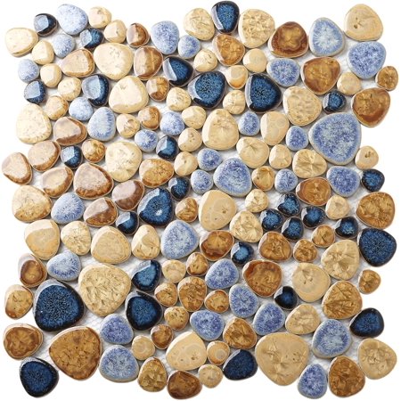 Glazed Blue Mosaic Ceramic Pebble Porcelain Tile for Swimming Pool Bath Shower Wall and Flooring TSTGPT001 (5 Square Feet)