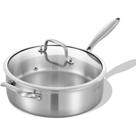 7 Quarts Tri-Ply Stainless Steel Saut Pan with Lid, 12 Inch Induction Deep Frying Pan, Large Skillet, Jumbo Cooker, Dishwasher and Oven Safe, Detachable Handle