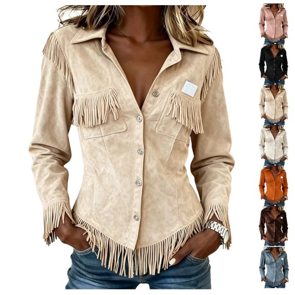 Womens Vintage Shirts Fringe Suede Western Cowgirl Shirts Long Sleeve Button Down Tops Slim Fit Country Concert Jacket