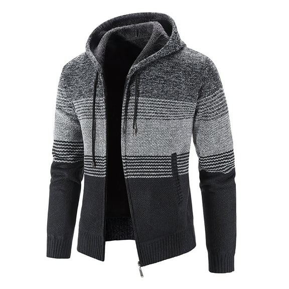 IROINNID Women's Hooded Zip Up Jacket Stripes Long Sleeve Loose Fleece Thick Stripe Color Matching Sweater Coat Gradient Casual Men's, Gray