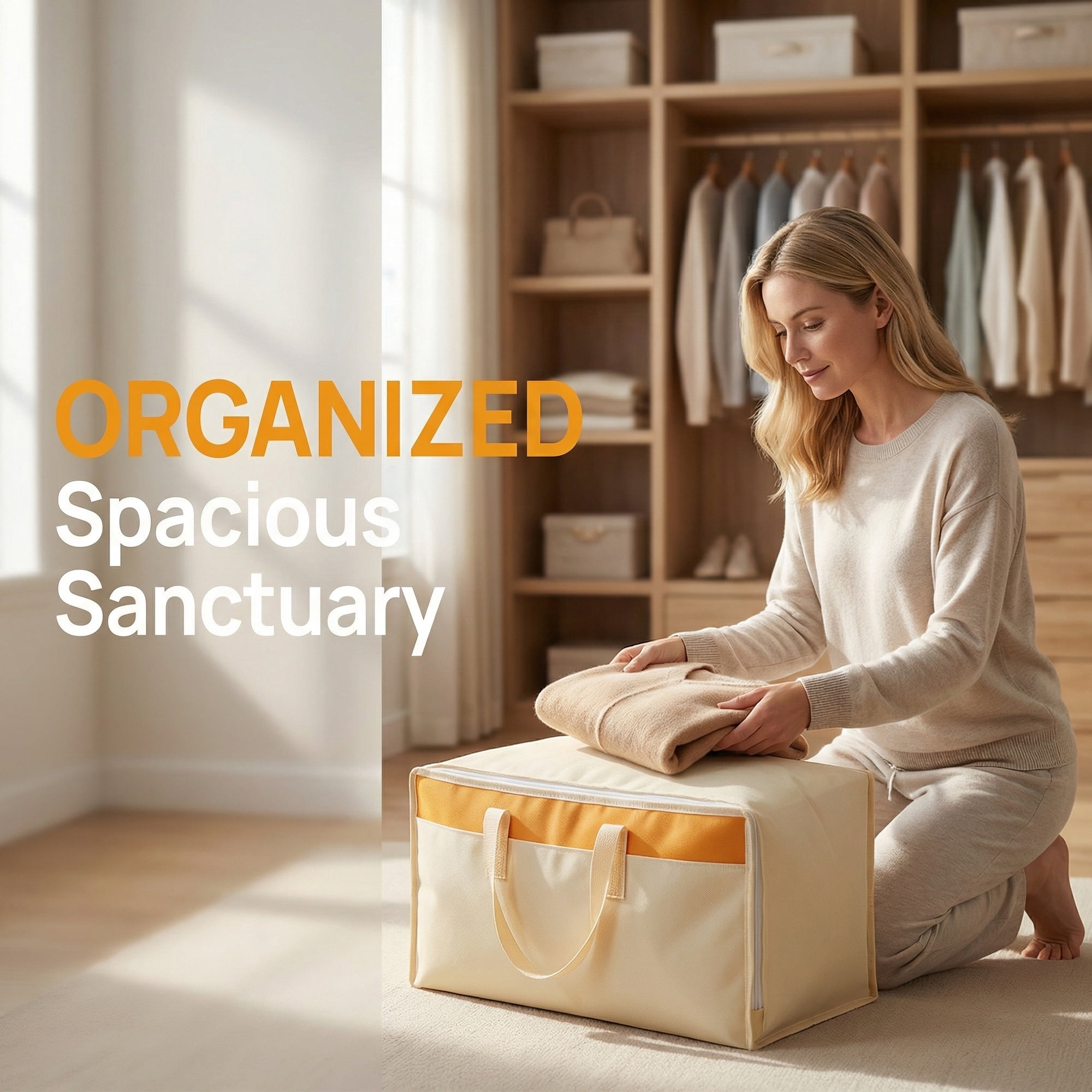 Unique Bargains Foldable Storage Bags for Taking in Clothes Beige 23.6"x15.7"x9.8