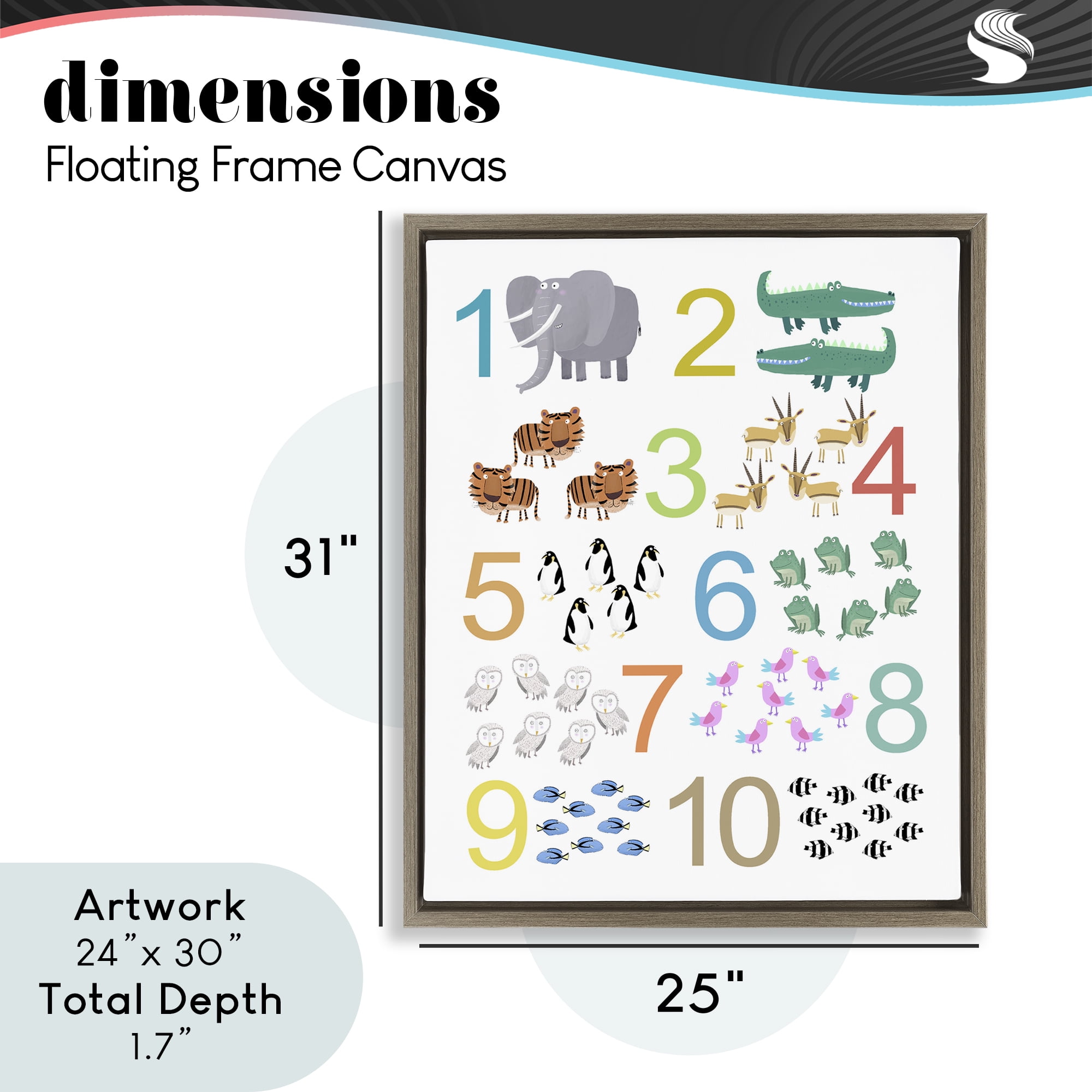 Kid's Counting Animals Brown Framed Floater Canvas Wall Art, design by Carla Daly