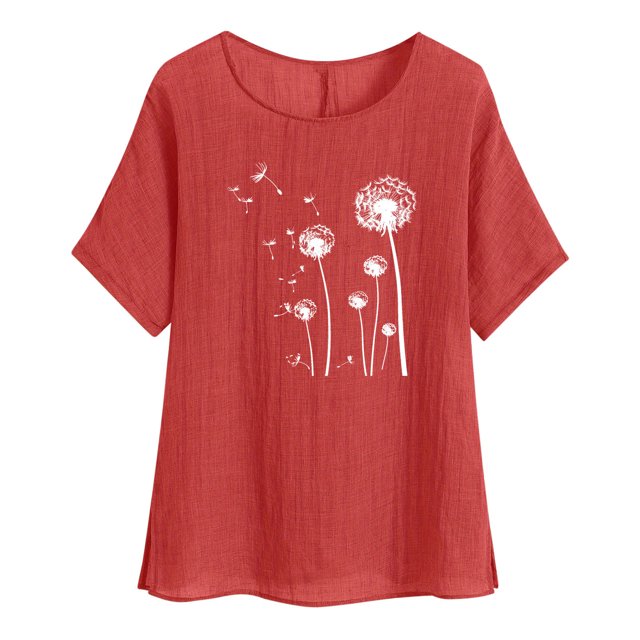 Plebaso Hauts en Coton et Lin pour Femmes Manches Courtes Chemises Imprimées Graphiques Blouses Légères Décontractées pour Femmes
