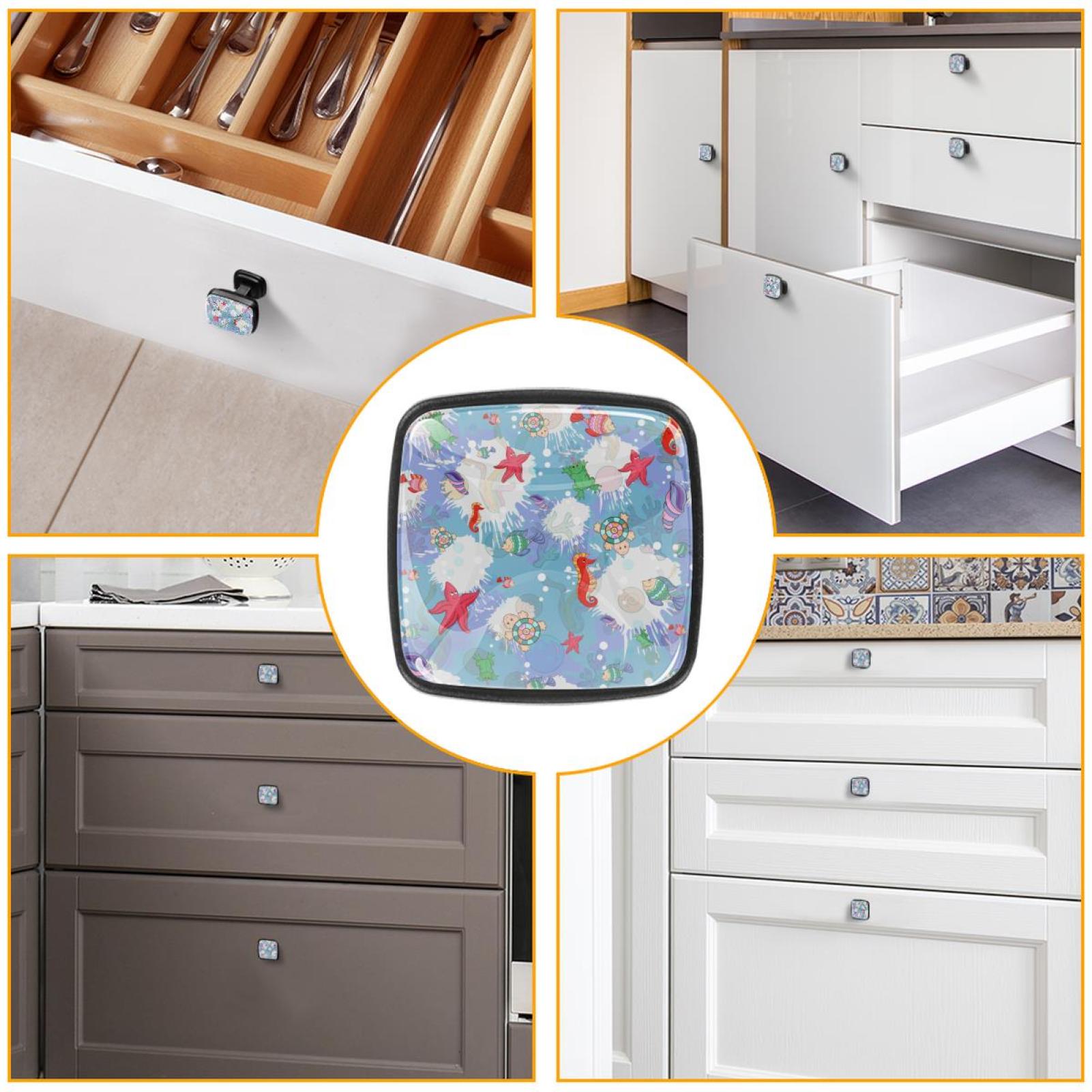 4 Pcs Cabinet Handle Drawer Pulls Marine Life Knobs with Screws Square Furniture Office Cabinet Knob Decoration