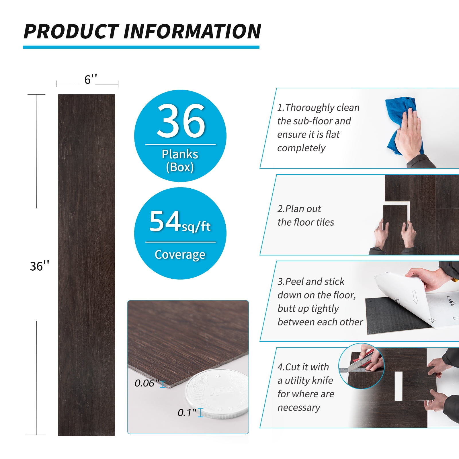 Self-adhesive 6" x 36" x 2mm Luxury Vinyl Plank（36 PACK)