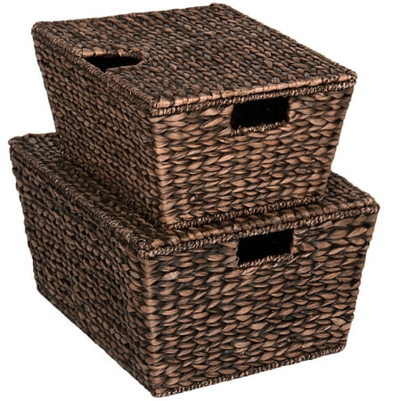 Best Choice Products Set of 2 Water Hyacinth Woven Tapered Storage Basket Chests w/ Attached Lid, Handle Hole - Brown