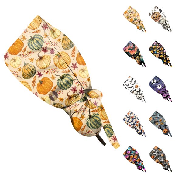 Kamentoy Women Halloween Print Scrub Cap Soft Elastic Ponytail Hat Work Hat Hair Cover for Holiday Fall Headwear for Women Cosplay Party Casual
