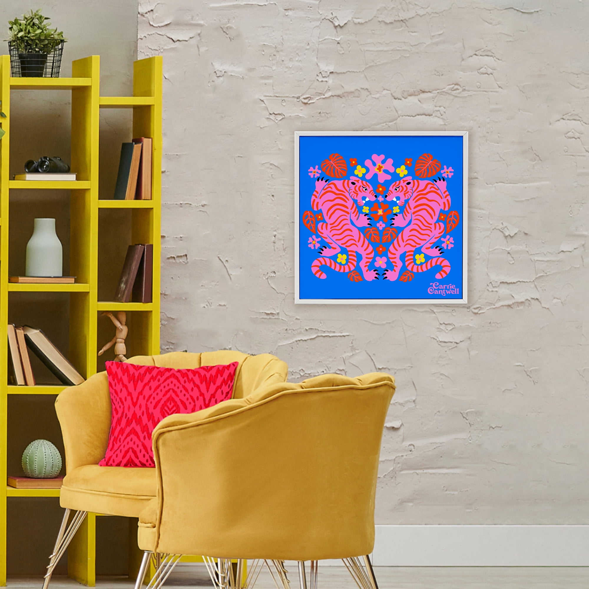 Stupell Industries Pink Tigers and Monstera White Framed Giclee Art, design by Carrie Cantwell