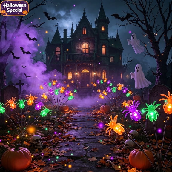 Solar Powered Spider Halloween Stake Lights, Waterproof Multicolor LED, Outdoor Pathway Spooky Yard Halloween Decor
