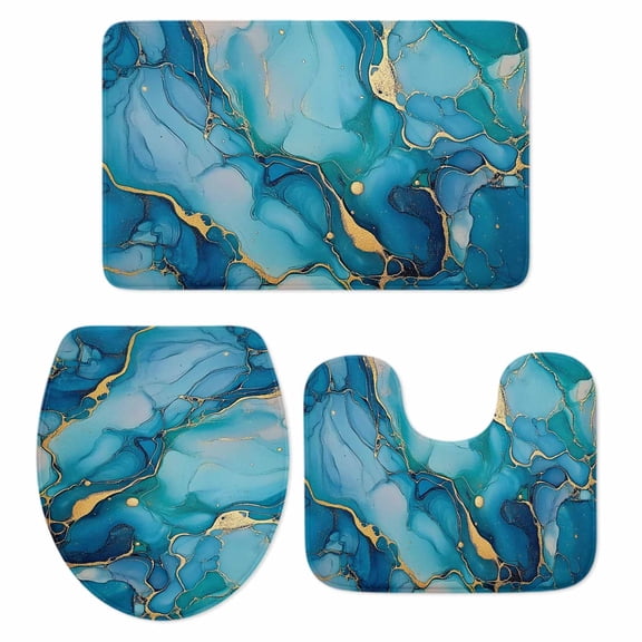 Teal Blue Marble Bathroom Rugs Set Gradient Golden Fluid Texture Non Slip Absorbent Soft Bath Mats 3 Piece Set with Bathroom Rug, U-Shaped Floor Mat, Toilet Seat Cover Large Size