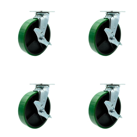 8 Inch Green Poly on Cast Iron Swivel Caster Set with Ball Bearings and Brakes