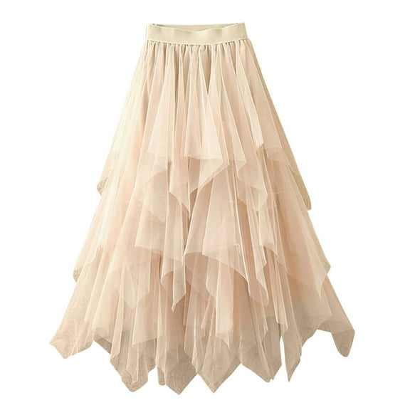 WTXUE Skirts for Women, Spring Elastic Women Mesh Solid Skirt A-Line Color Waist Long Skirt High Skirt, Beige M