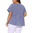 thumbnail image 3 of Agnes Orinda Women's Plus Size Gingham Tops Plaid Peplum Button Decor V Neck Short Sleeve Casual Babydoll Blouse 2X Blue, 3 of 5