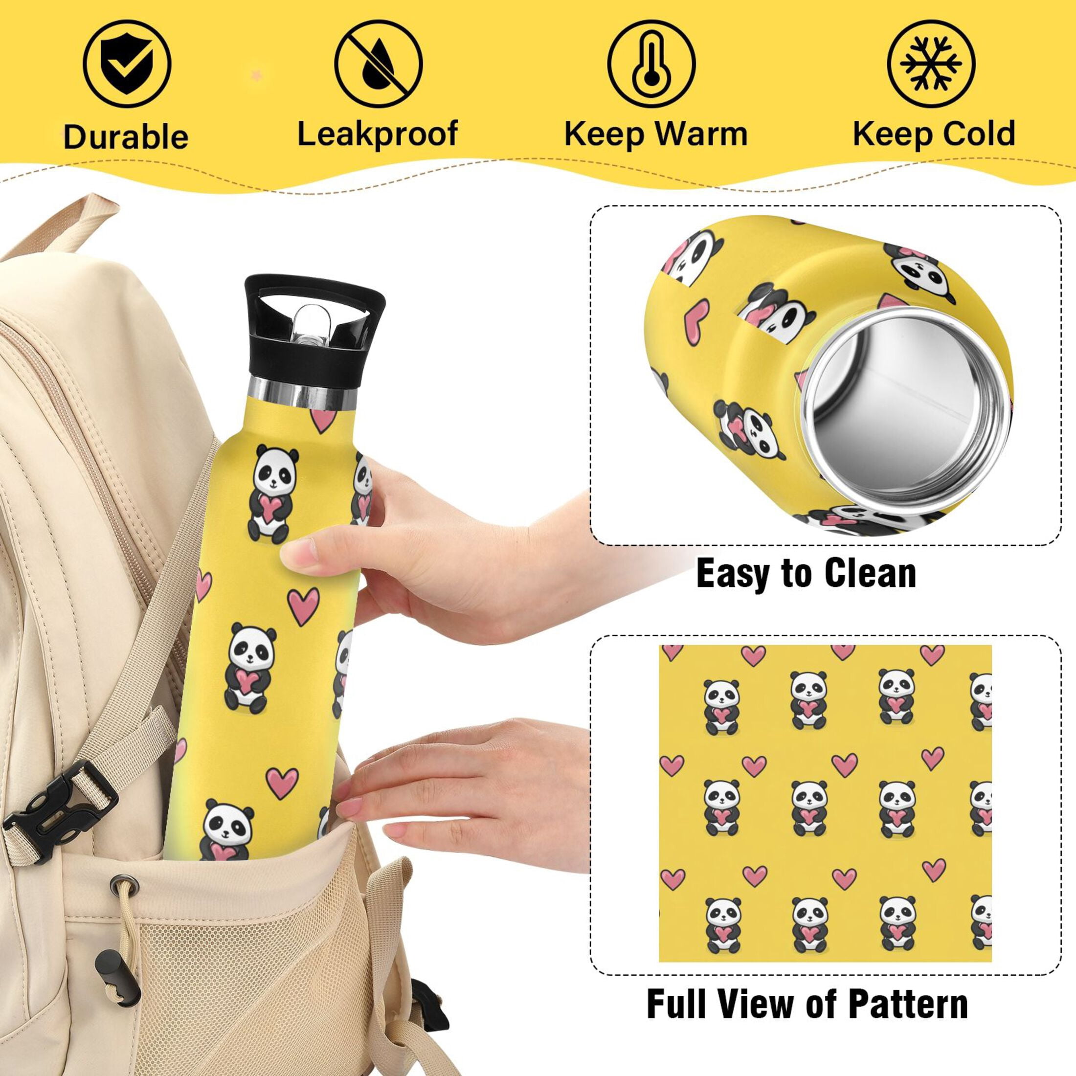 Kids Insulated Stainless Steel Sports Water Bottle 600ml Panda Cartoon with Heart Pattern