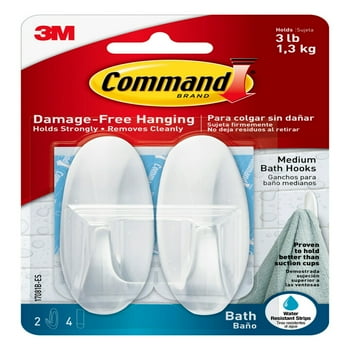 Command Designer Bath Hooks, Medium, White, 2 Wall Hooks, Bathroom Organization