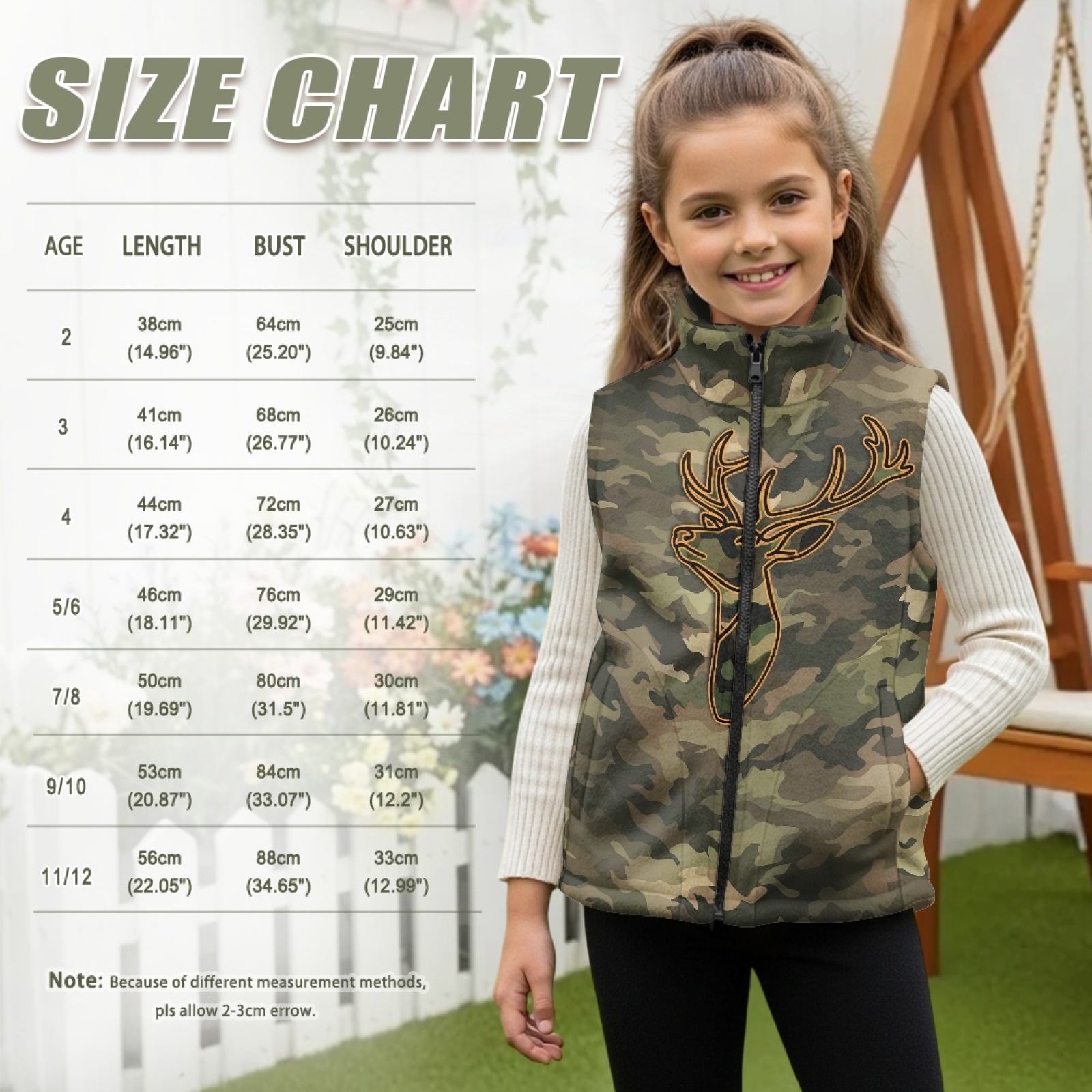 Xoenoiee Deer Camo Print Boys Lightweight Fleece Vest, Full Zip Sleeveless Outerwear for Fall Winter Spring, Running Hiking Jacket with Pockets, Size 3T