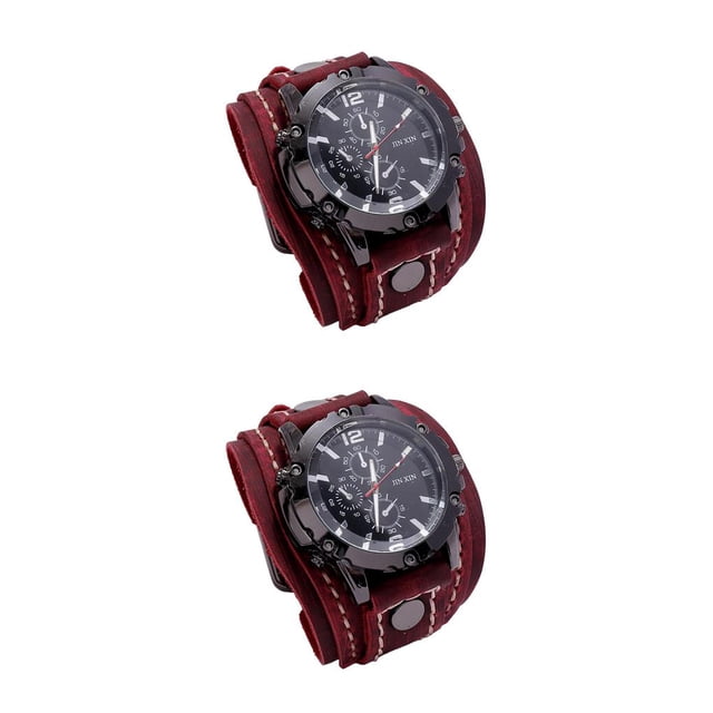 Qarigey Men Wrist Watches Male Watch Bangles Comfortable Leather Strap Wide for Men 2piezas Rojo