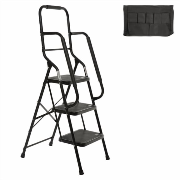 3 Step Ladder with Handrails 500 lb Capacity Step Stool Folding Ladders for Home Kitchen Steel Frame with Safety Side Handrails Non-Slip Wide Pedal Stepladder with Attachable Tool Bag Black
