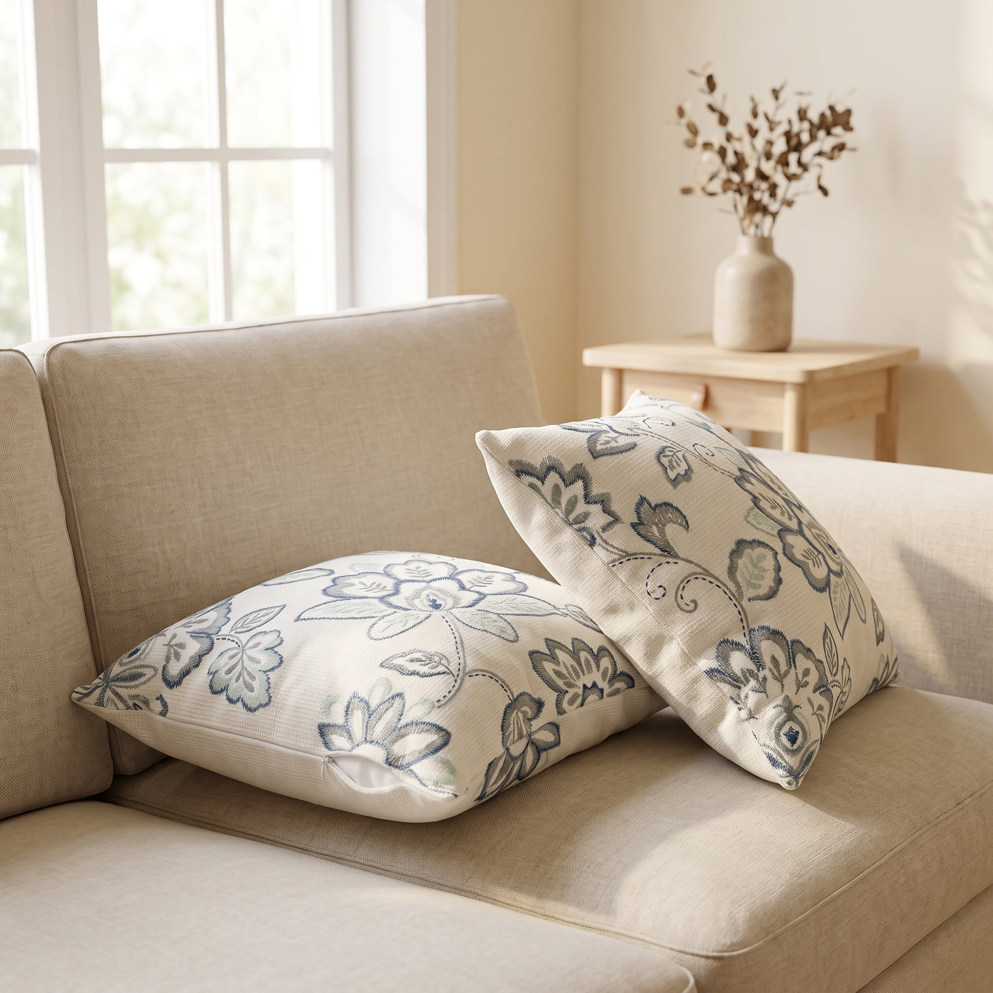Unique Bargains Embroidered Floral Throw Pillow Cover Rustic Cushion Case Blue 18"x18"