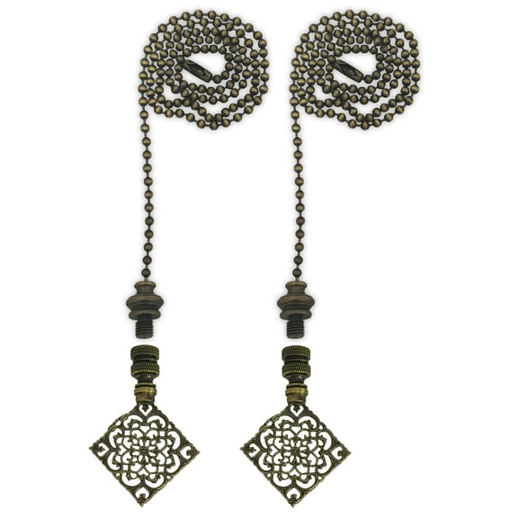 Royal Designs Fan Pull Chain with Diamond Floral Filigree Finial – Antique Brass – Set of 2