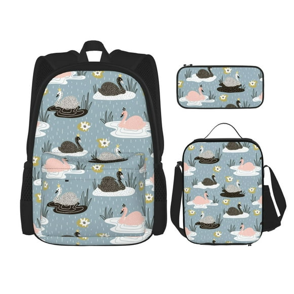 Lukts Swan Princess On Lake Print Casual Laptop Backpack, Lunch bag, Pencil bag, Bookbag School backpack for Men and Women, Backpack Set(3PCS )